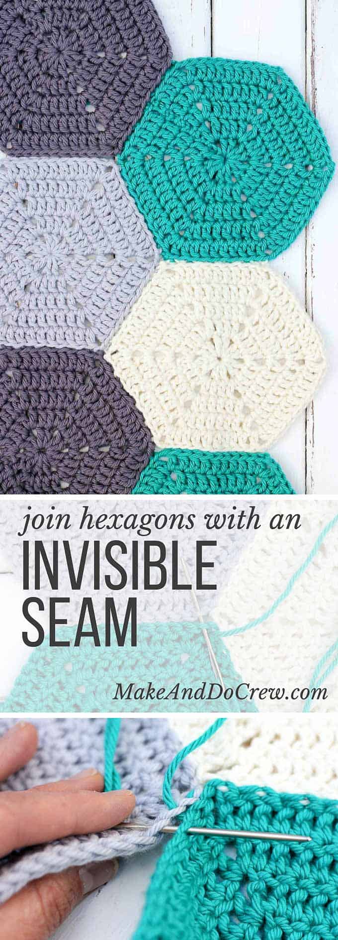 This photo tutorial will show you how to join crochet hexagons with a technique that results in an invisible seam. Great for sewing hexagons together for an afghan, but can also work for granny squares or other crochet pieces. | MakeAndDoCrew.com