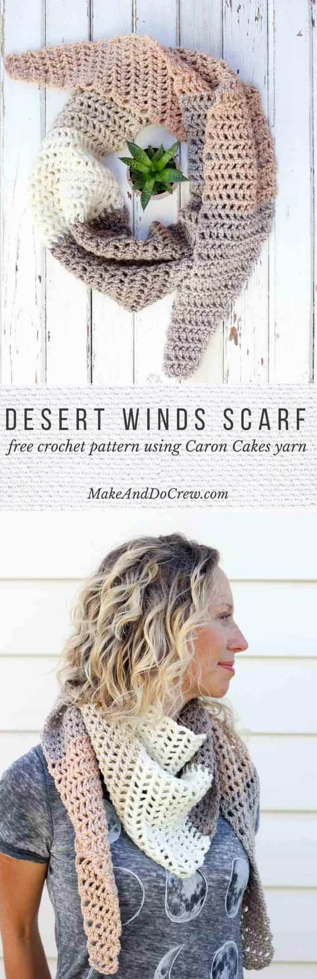 Toss on this modern crochet triangle scarf to head out to the desert, the mountains...or just the grocery store. This free Caron Cakes crochet pattern takes all the stress out of choosing colors because the skein does it for you! It's a perfect one skein crochet project! Color pictured = Buttercream.