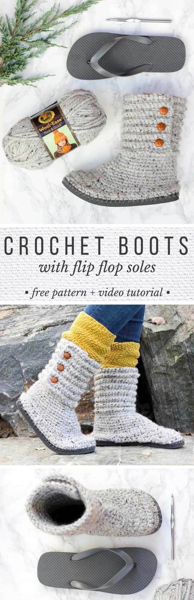 These DIY crochet boots with flip flops for soles make excellent slippers or UGG-like sweater boots to wear around town. Click for the free pattern and thorough video tutorial. These make a great crochet Christmas gift!