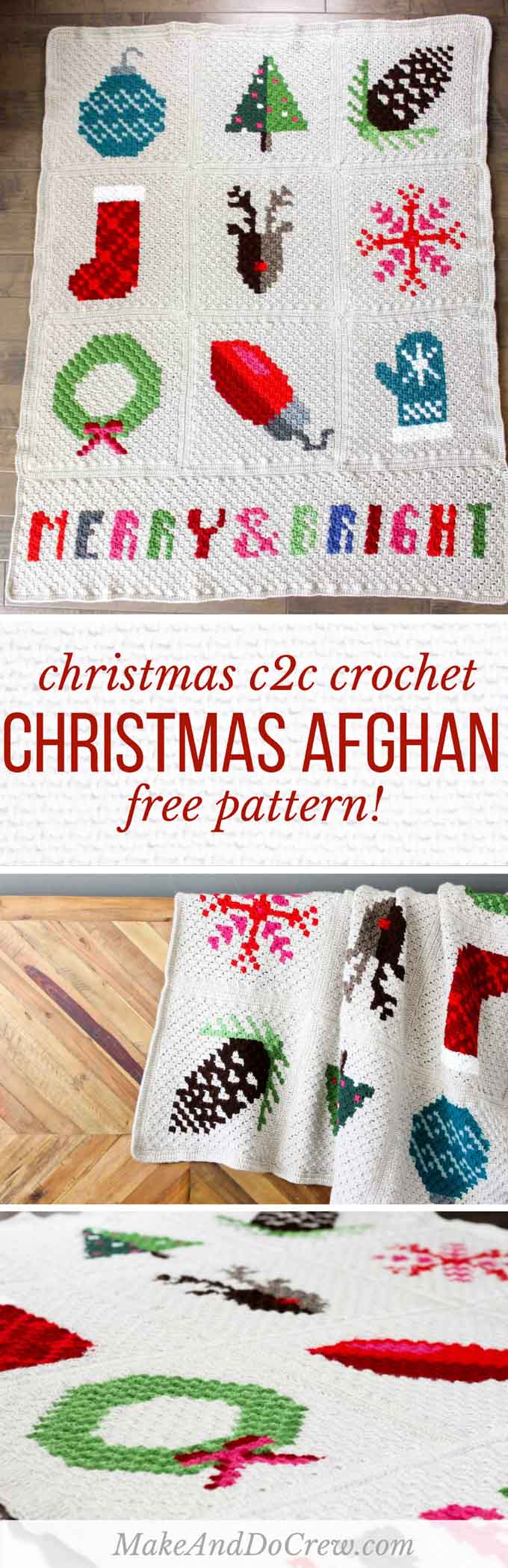 Make an heirloom your family can snuggle up with year after year with this free corner to corner crochet Christmas afghan pattern! These modern c2c Christmas graphs make perfect winter pillows too. Crocheted with Lion Brand Vanna's Choice yarn.