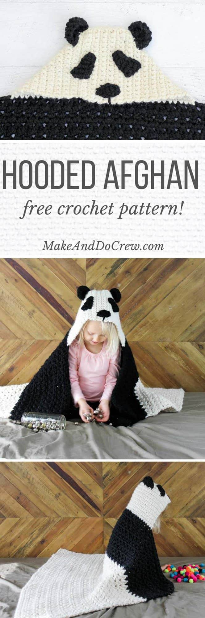This free crochet panda hooded baby afghan pattern is a perfect DIY baby shower gift idea or older sibling gift. Customize to make a crochet koala or polar bear too!