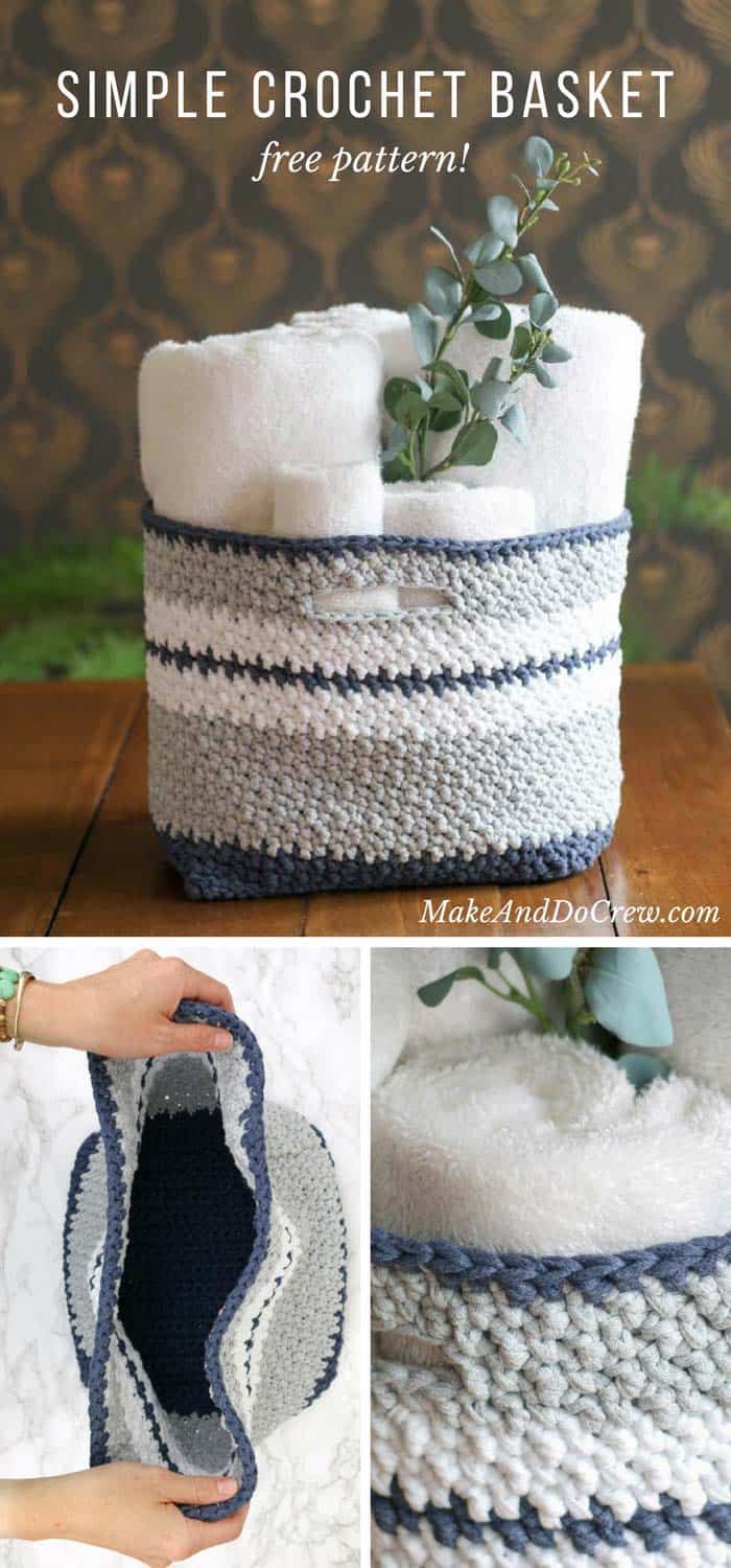 This easy crochet basket pattern is quick to work up and perfect for holding toys, towels, toilet paper, or best of all, yarn! Free crochet pattern using Lion Brand Fast-Track yarn.