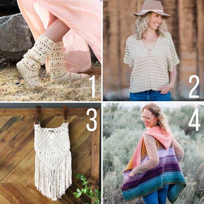 Free boho crochet patterns including crochet hippie boots, poncho top, boho bag and easy hooded sweater. All feature Lion Brand yarn.