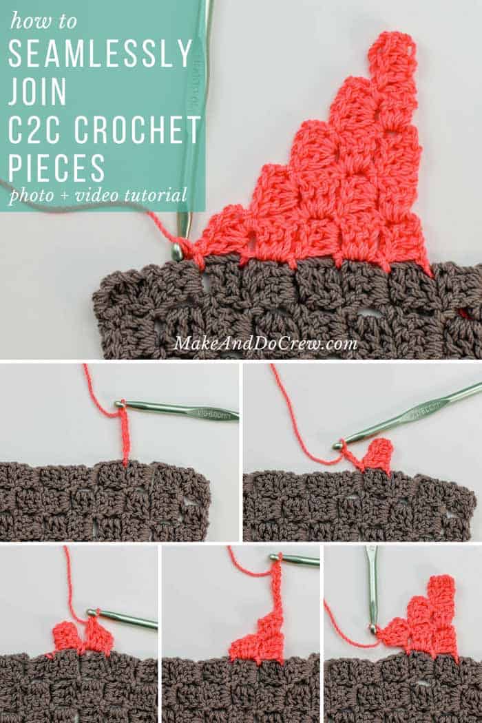 In this photo and video tutorial, learn how to join corner-to-corner crochet pieces together without a visual seam (and with no actual sewing!) This method will help you piece together squares and rectangles to make more complex shapes (like sweaters) or let you to seamlessly join C2C crochet afghan squares.