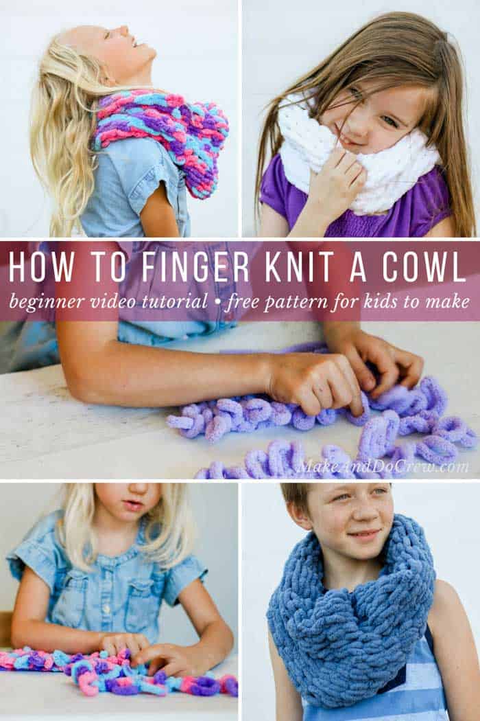 Learn how to finger knit using loop yarn while you make a very easy finger knitted cowl. This step-by-step video tutorial and free pattern is perfect beginner project for kids and adults alike.