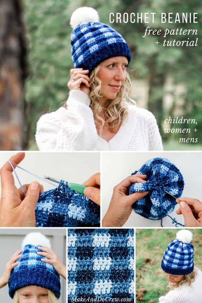 Free crochet plaid hat pattern for women, men and kids. Change the colors for an easy, fast plaid or gingham look. Full tutorial included. #hatnothate #makeanddocrew #lionbrand #crochet #beanie #hat #plaid #gingham