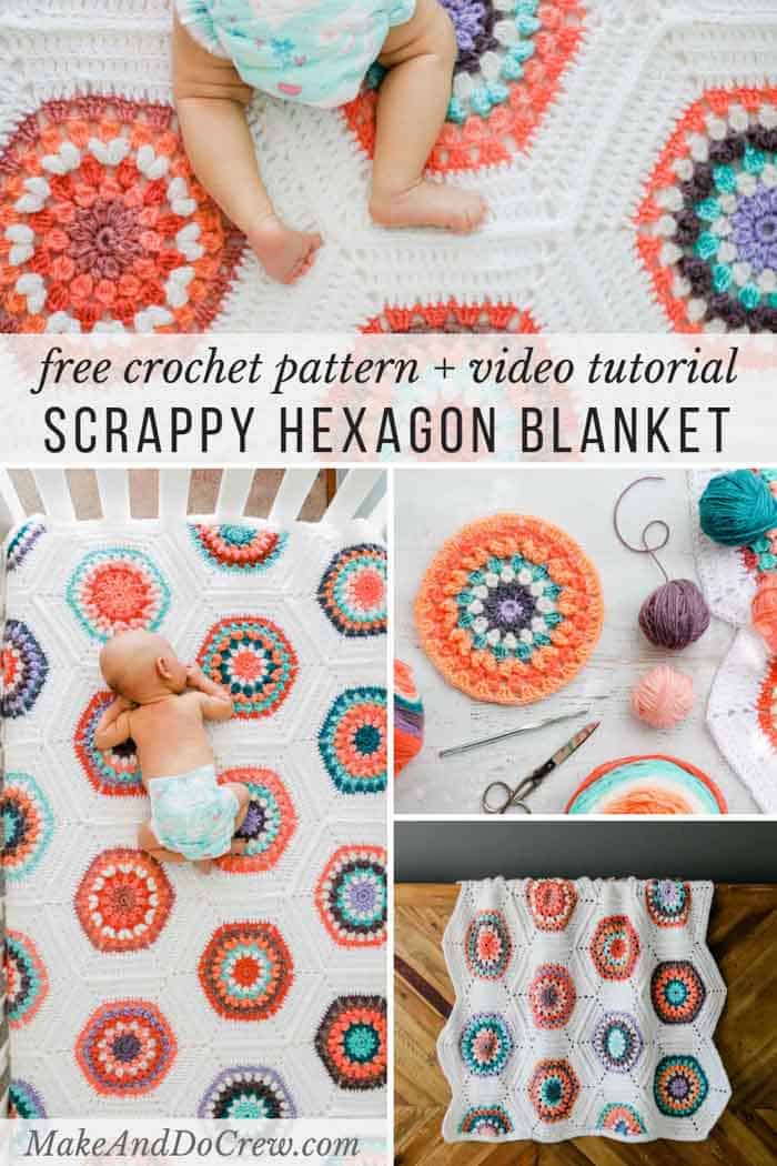 Inspired by vintage quilt patterns, this Grandmother's Flower Garden crochet blanket pattern perfect to make from yarn cakes or yarn scraps. Worked as individual hexagons with the option to join as you go, this free pattern + video tutorial offers endless possibilities in size and color. #makeanddocrew #crochet #hexagons #videotutorial #freepattern #vintage #modern #babyblanket #genderneutral