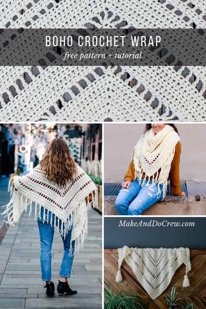 Delicate eyelets meet chunky yarn for an explosion of texture in this chunky crochet triangle scarf. Basic stitches will hold the interest of beginning and more experienced crocheters alike. Personalize with fringe or tassels. Free pattern and tutorial made with Lion Brand's Color Made Easy! #makeanddocrew #freepattern #lionbrand #crochet #scarf #shawl #wrap #trianglescarf #fringe #tassels