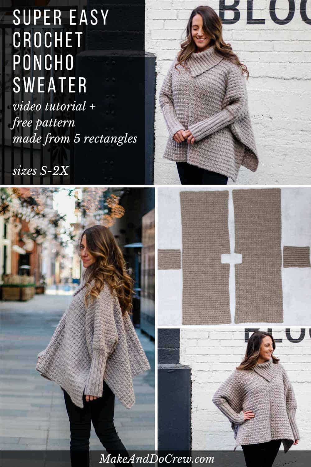 In this crochet poncho video tutorial, we use five simple rectangles to construct a cozy crochet poncho sweater with sleeves. Step-by-step instructions are very beginner friendly. Follow along with the free written pattern that includes plus sizes! #makeanddocrew #poncho #crochet #videotutorial #freepattern #lionbrand