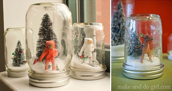 DIY mason jar snow globe tutorial. Super easy, super crafty Christmas decor idea and a great project to do with kids!| MakeAndDoCrew.com
