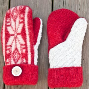 Make a felted sweater into a pair of mittens. Tutorial includes printable pattern! | MakeAndDoCrew.com
