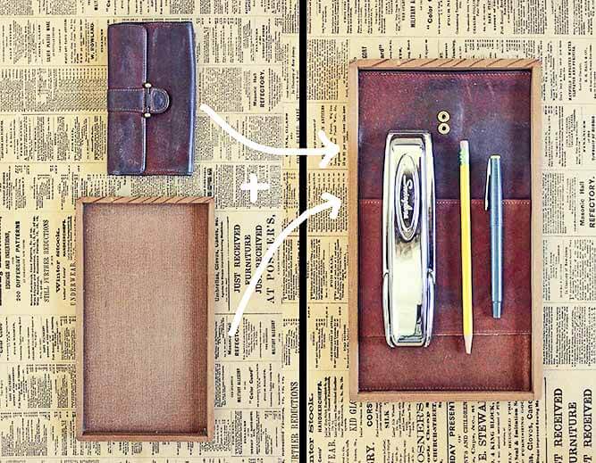 All you need for this inexpensive DIY gift for him is a thrifted leather wallet and a wood tray. This leather catchall tray makes a perfect DIY Father's Day gift idea, a quick Christmas craft for the man in your life or a third anniversary leather gift. | MakeAndDoCrew.com 