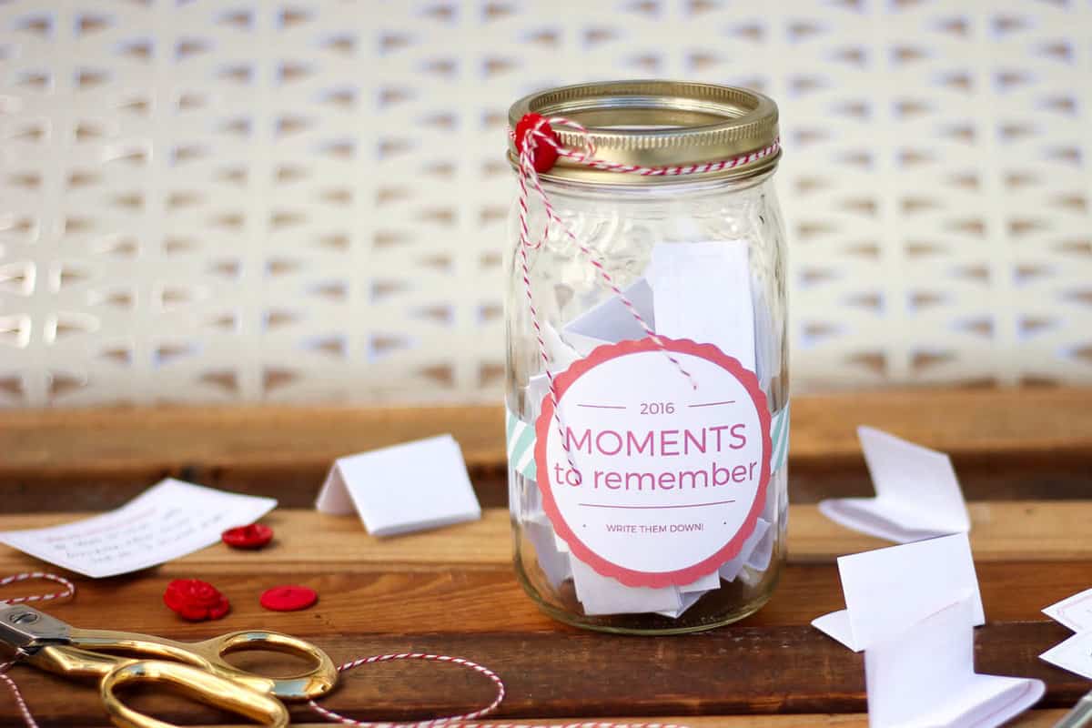 DIY Memory Jar tutorial--a great alternative to keeping a daily journal. Includes a downloadable 2016 (and 2017) jar label as well as printable ideas and prompts to fill out. Click to get the free printables. | MakeAndDoCrew.com