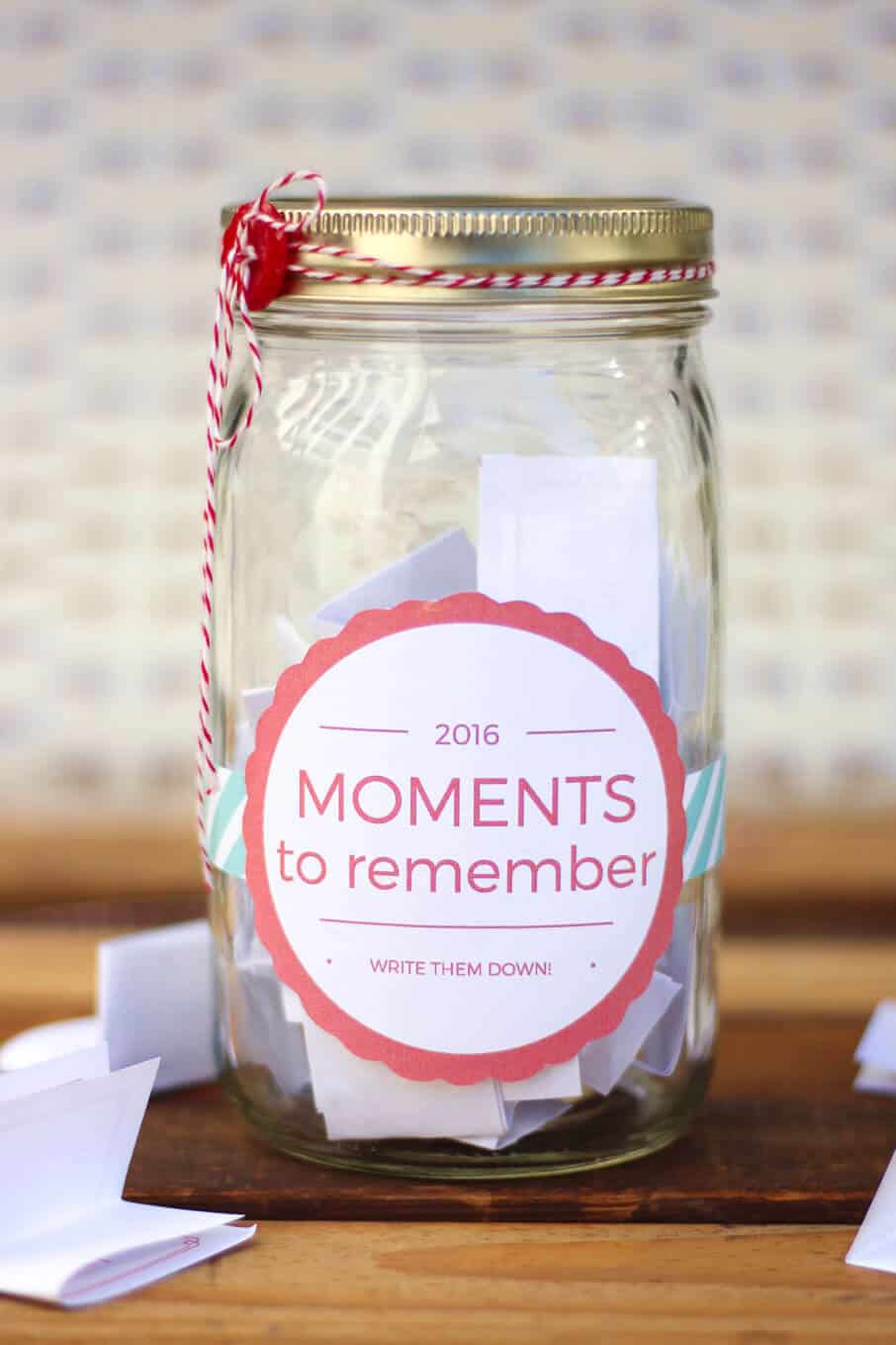DIY Memory Jar tutorial--a great alternative to keeping a daily journal. Includes a downloadable 2016 (and 2017) jar label as well as printable ideas and prompts to fill out. Click to get the free printables. | MakeAndDoCrew.com