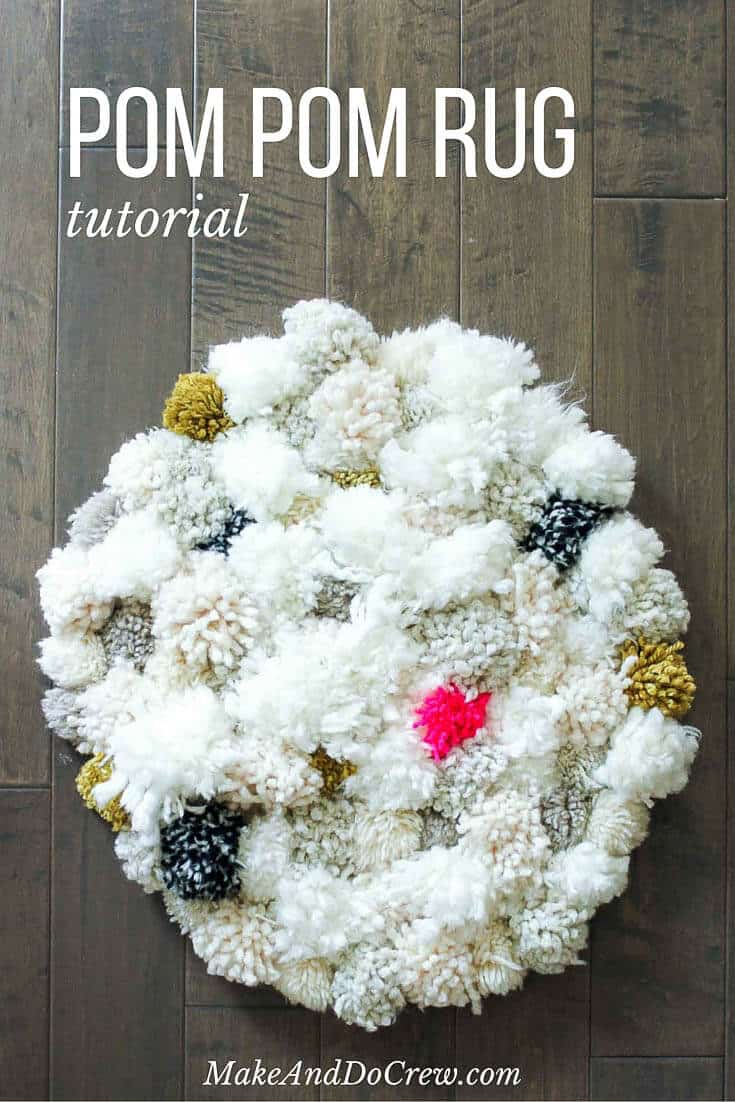 How to make a pom pom rug! This soft, scrumptiously squishy DIY pom pom rug takes very few skills to create and is a great way to use up a bunch of scrap yarn! Click for full tutorial. | MakeAndDoCrew.com