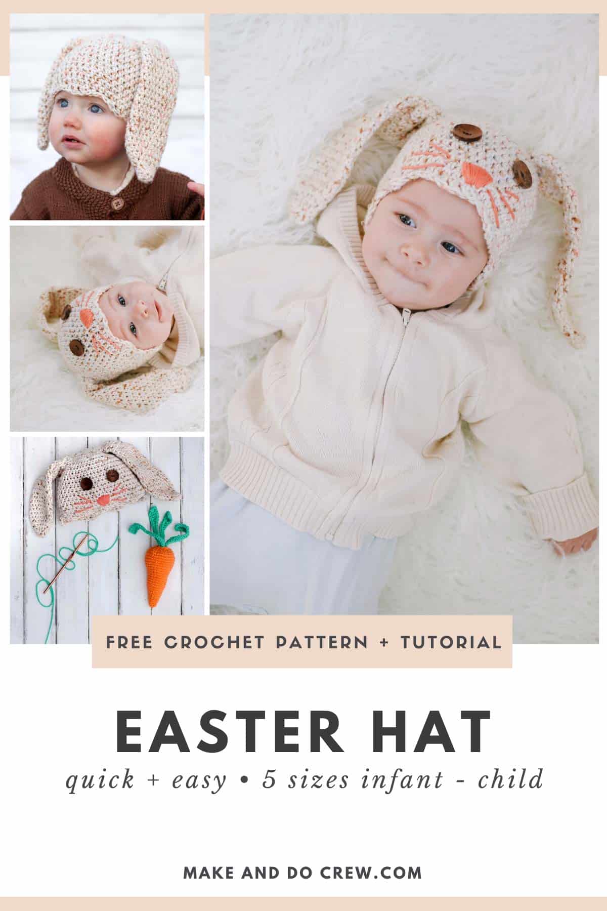 A grid of photos of babies wearing a modern crochet bunny hat pattern with floppy ears.