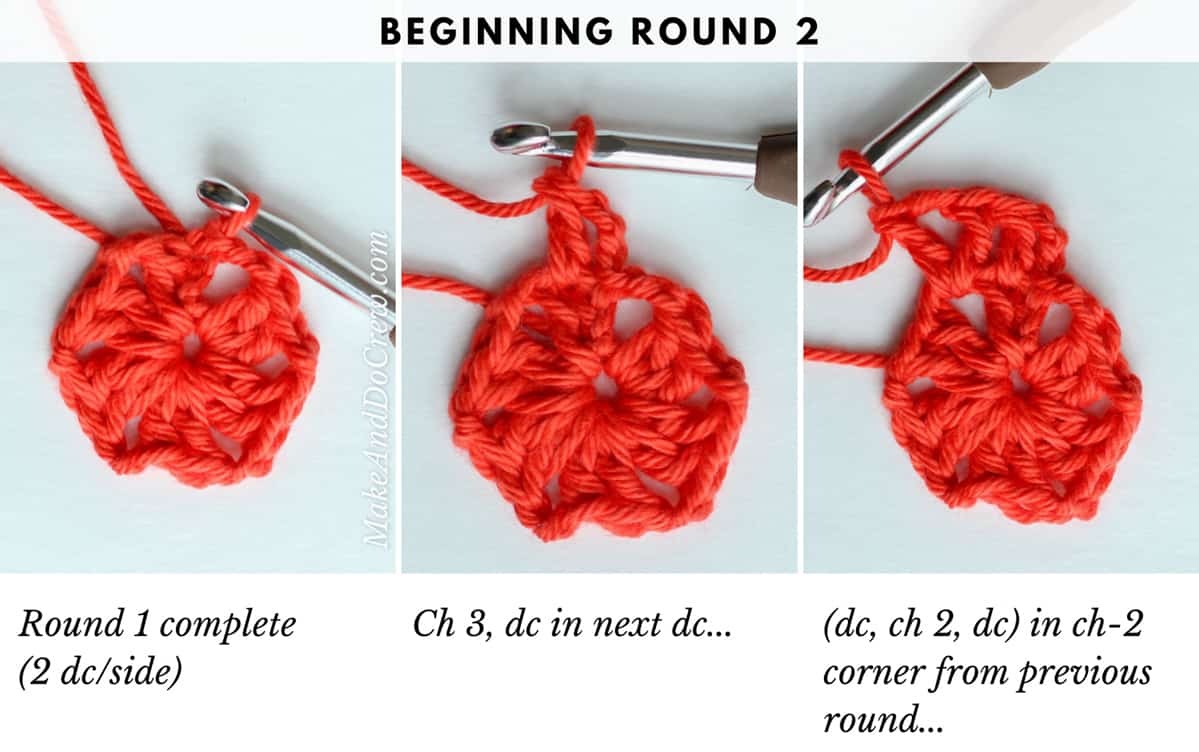 A 3-photo grid beginning round 2 of the double crochet stitch progress of a crochet hexagon pattern.
