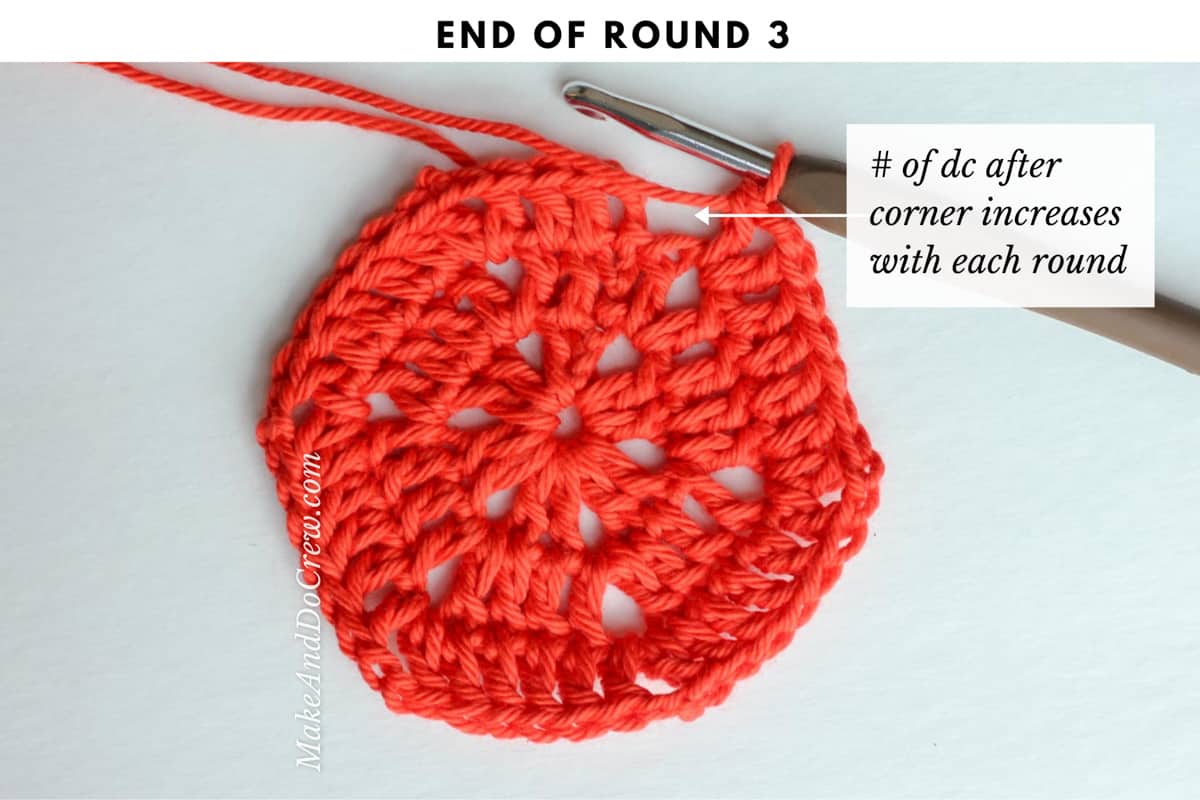 Step by step tutorial showing the end of the third round of a crochet hexagon pattern.