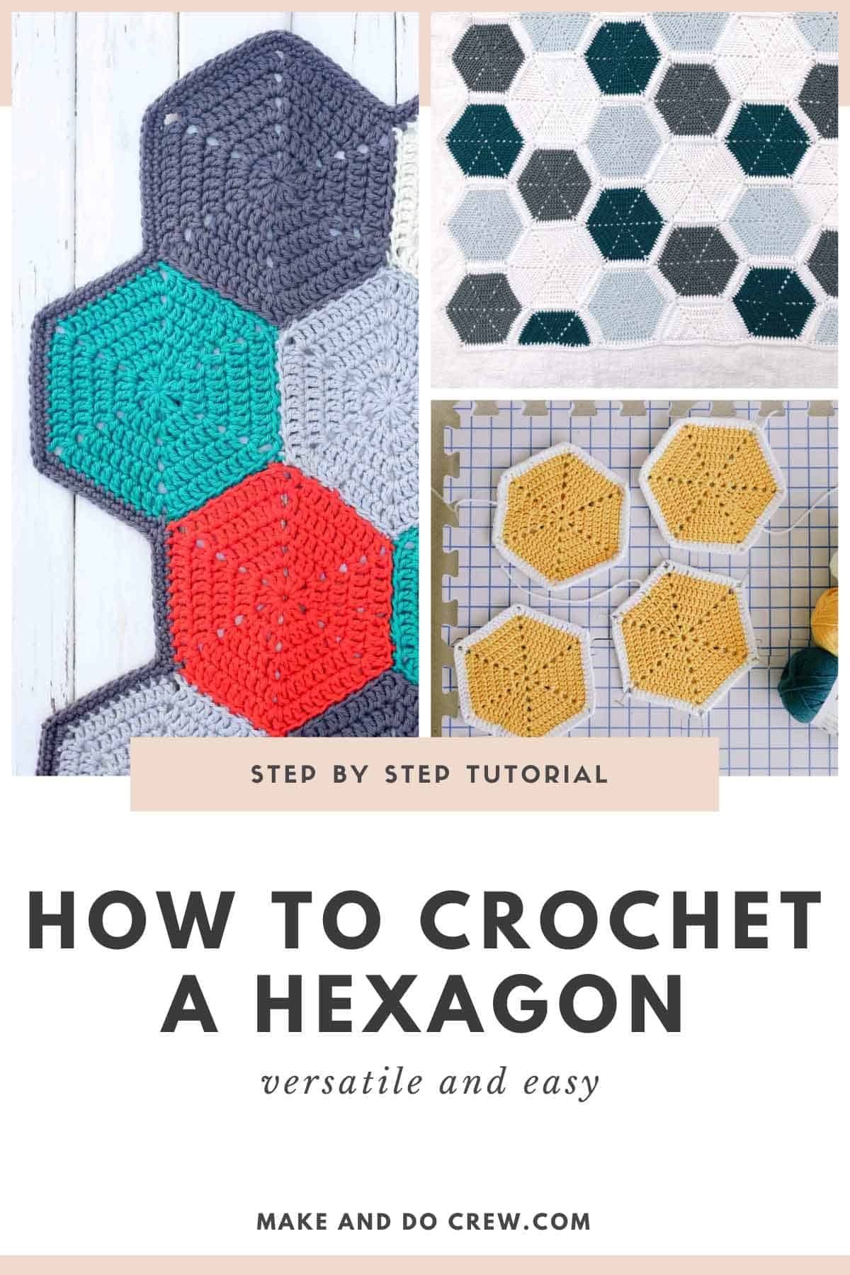 A 3-photo grid of different ways and colors to crochet a hexagon that is versatile and easy.