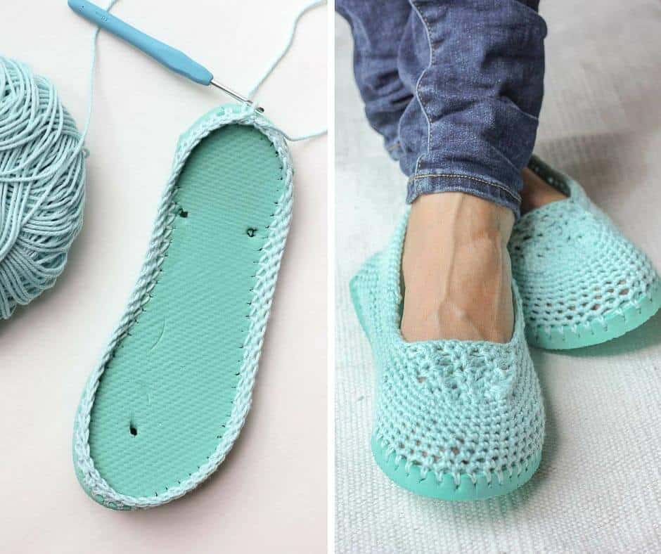  El hilo de algodón y una suela de chanclas hacen que este patrón de zapatillas de ganchillo gratis (o zapatos de casa) sea perfecto para un clima más cálido. Haga clic para obtener el patrón completo. | MakeAndDoCrew.com