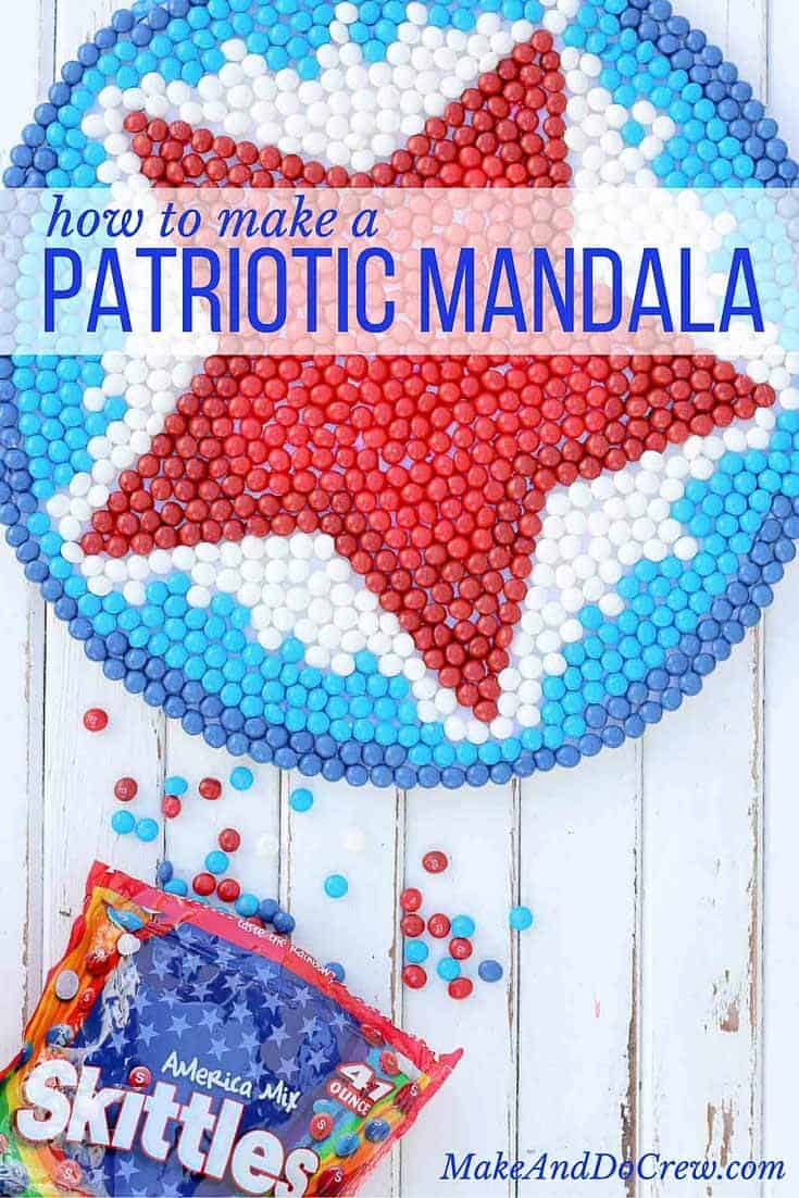 This patriotic mandala makes a festive Memorial Day, Labor Day or 4th of July party decoration idea. The red, white and blue American Mix Skittles add the perfect pop of color for this show stopping DIY decor idea. | MakeAndDoCrew.com #SkittlesAmericaMix #tastetherainbow #shop