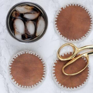 These DIY leather coasters with crochet edging can be made in less than an hour and make a perfect DIY gift for him. Make them for Christmas, Father's Day or just for yourself! #SToKCoffee #cbias #ad