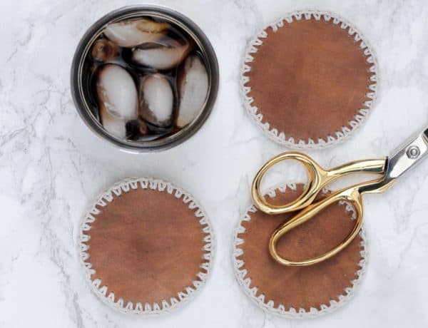 These DIY leather coasters with crochet edging can be made in less than an hour and make a perfect DIY gift for him. Make them for Christmas, Father's Day or just for yourself! #SToKCoffee #cbias #ad