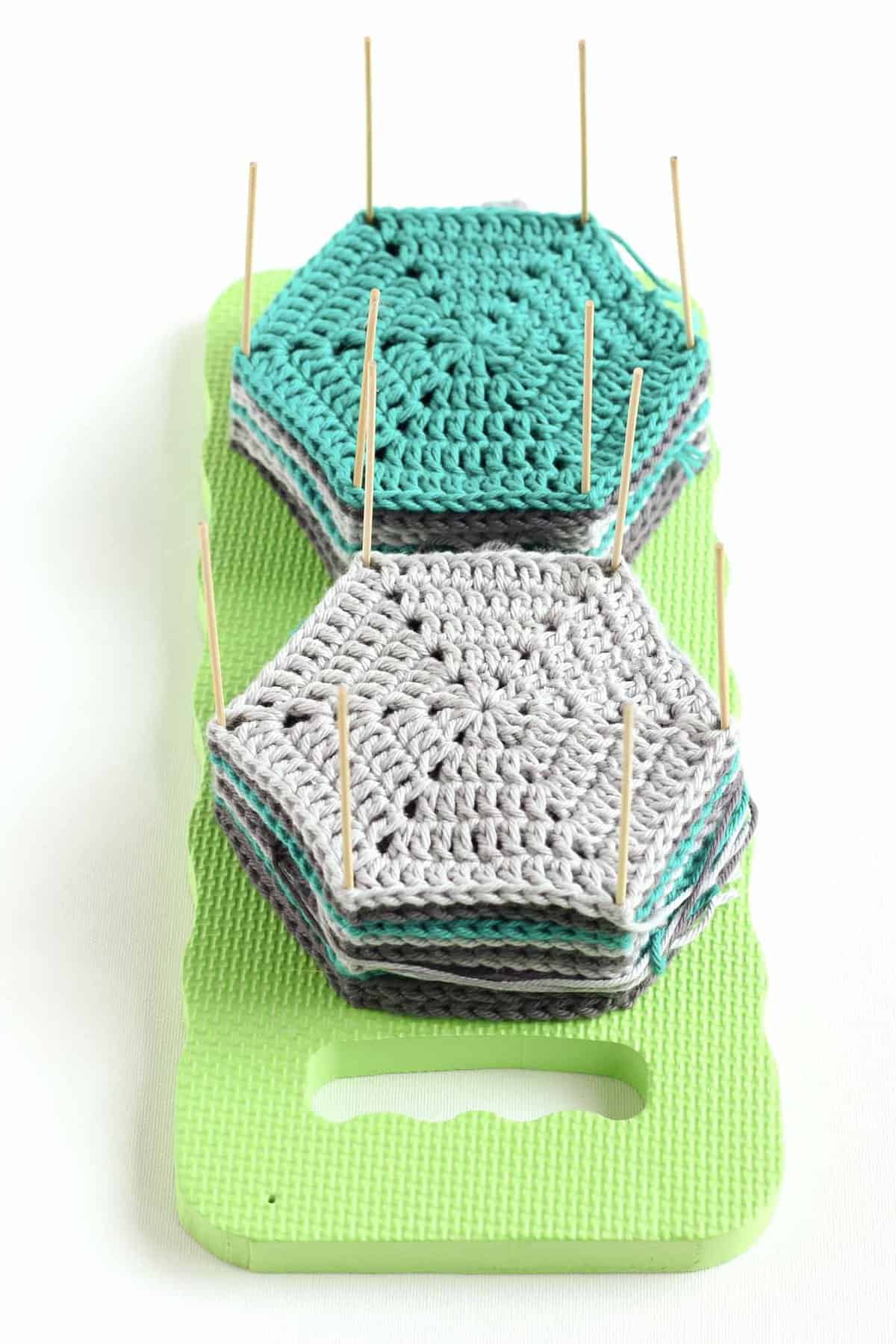 DIY crochet blocking board made from a garden knee pad.