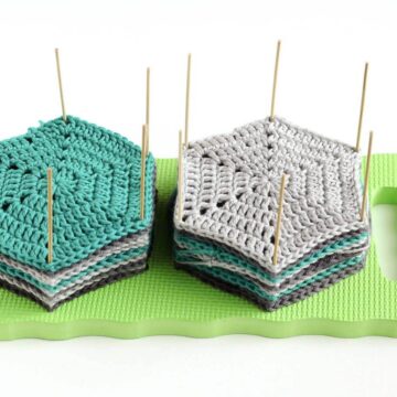 Learn how to block crochet or knit hexagons or granny squares with this incredibly easy and inexpensive DIY blocking board (made from a garden kneeling pad!) Click for full tutorial. | MakeAndDoCrew.com