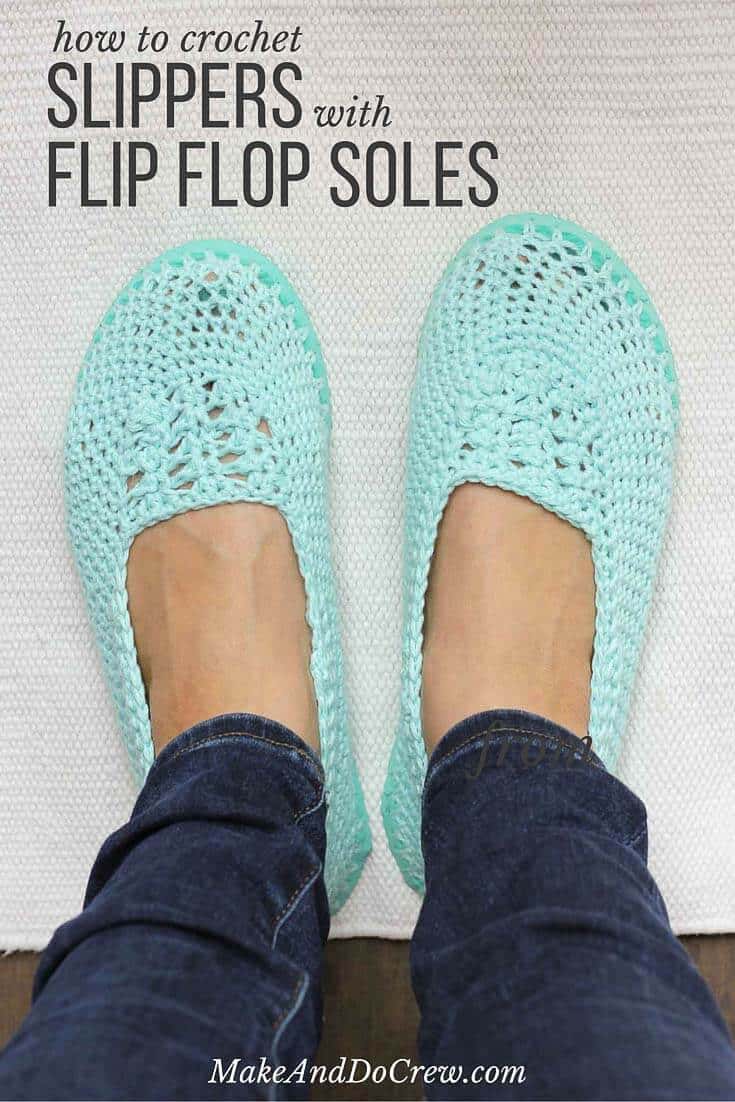 Cotton yarn and a flip flop sole make this free crochet slippers (or house shoes) pattern perfect for warmer weather. Click to get the full pattern. | MakeAndDoCrew.com