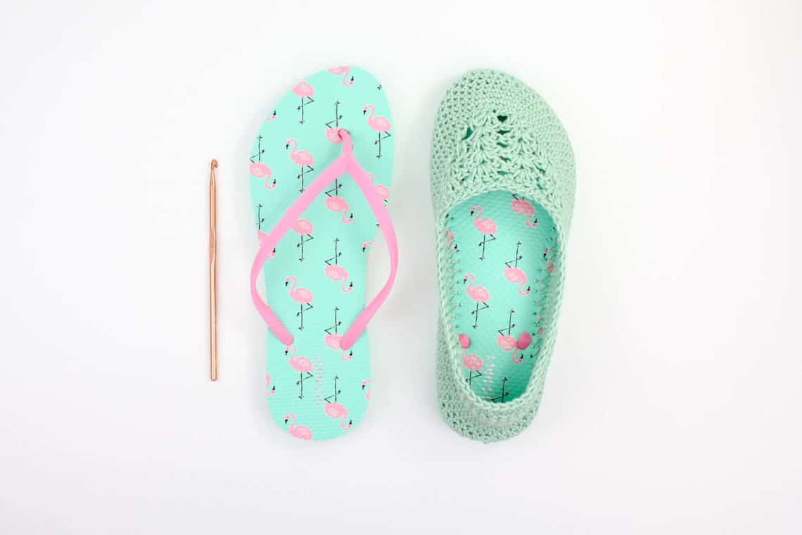 Fun! Cotton yarn and a rubber sole make this free crochet slippers with flip flop soles pattern perfect for wearing around the house (or even outside as shoes!) Free crochet pattern and video tutorial using Lion Brand 24/7 Cotton in "Mint"!