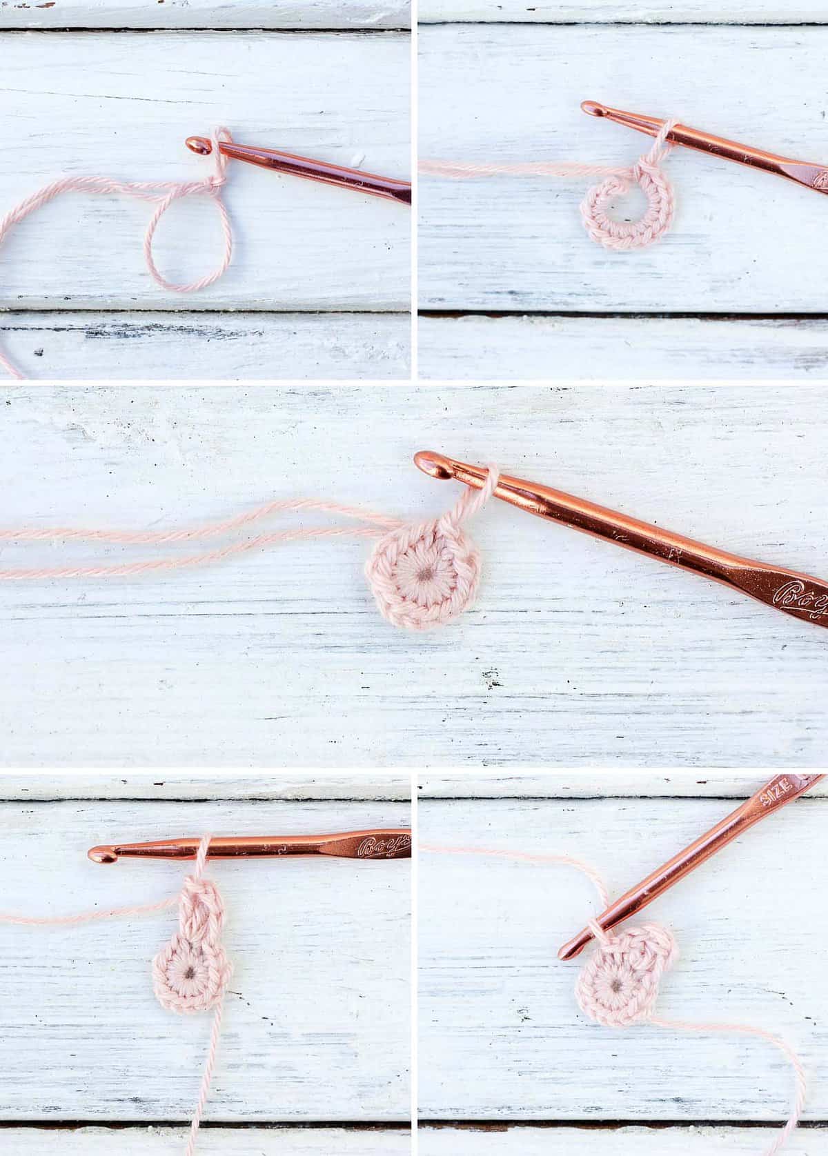 Step by step photo tutorial of how to begin a crochet a flower.
