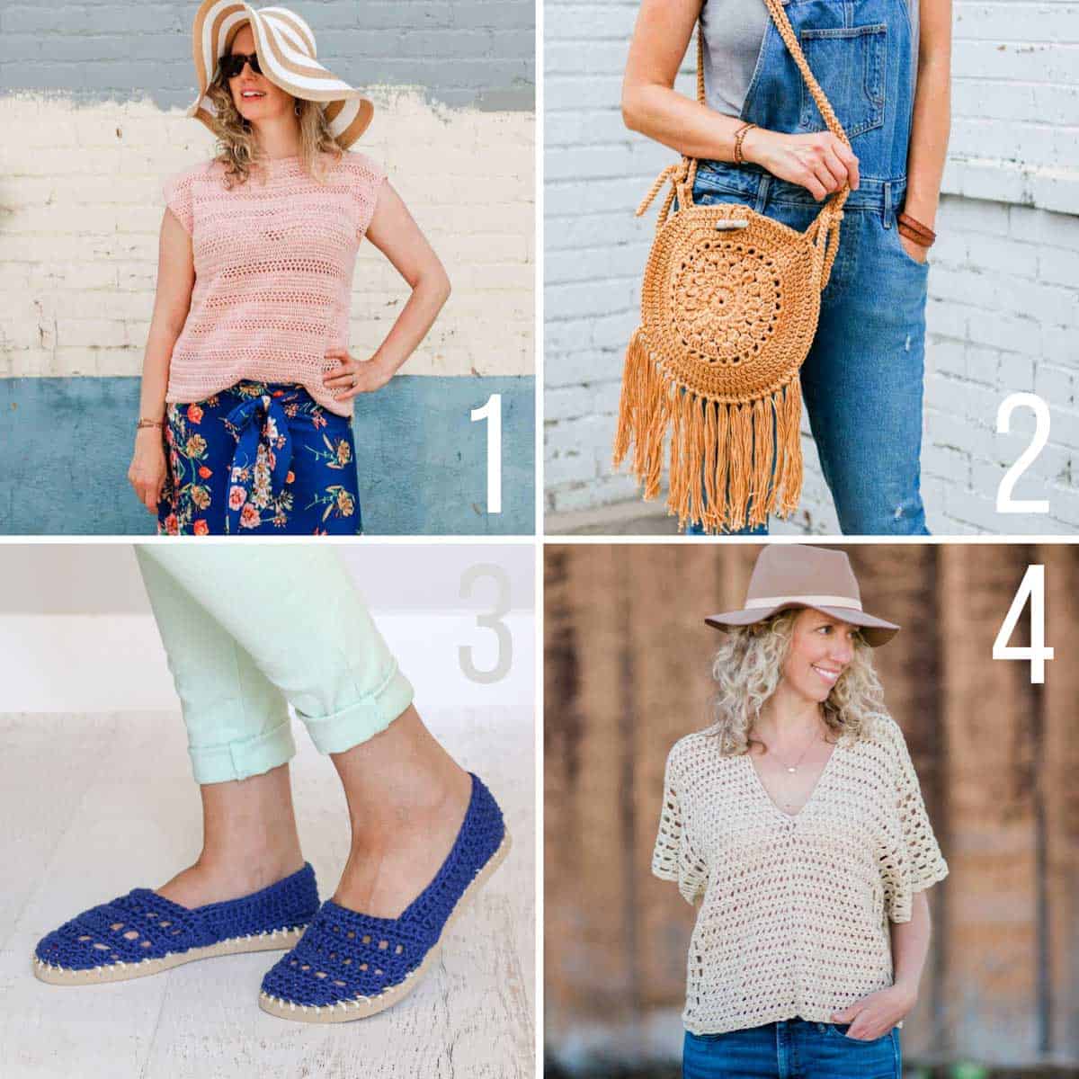 Free crochet patterns for warm weather. Includes two crochet tops, a crochet purse with fringe, and crochet slip-on shoes.