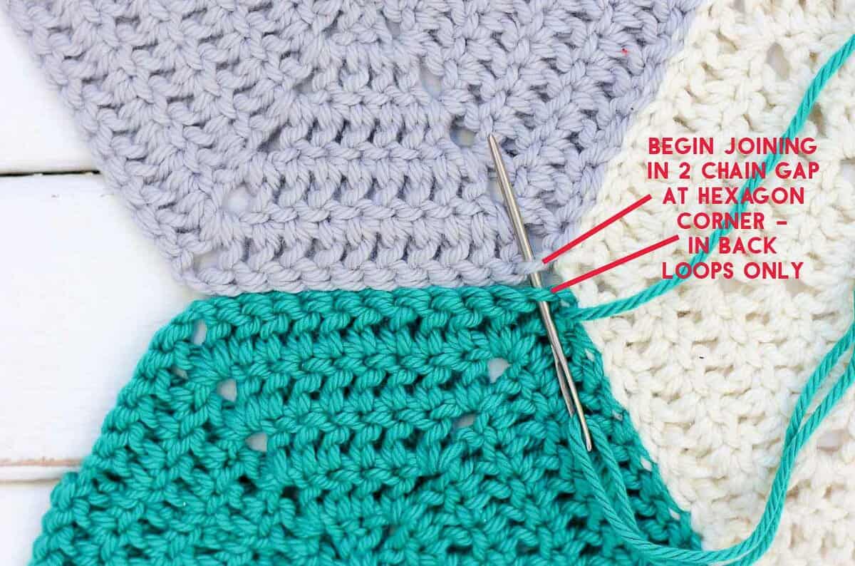  Ce tutoriel photo vous montrera comment joindre des hexagones au crochet avec une technique qui se traduit par une couture invisible. Idéal pour coudre des hexagones ensemble, mais peut également fonctionner pour des carrés de mamie ou d'autres pièces au crochet. | MakeAndDoCrew.com