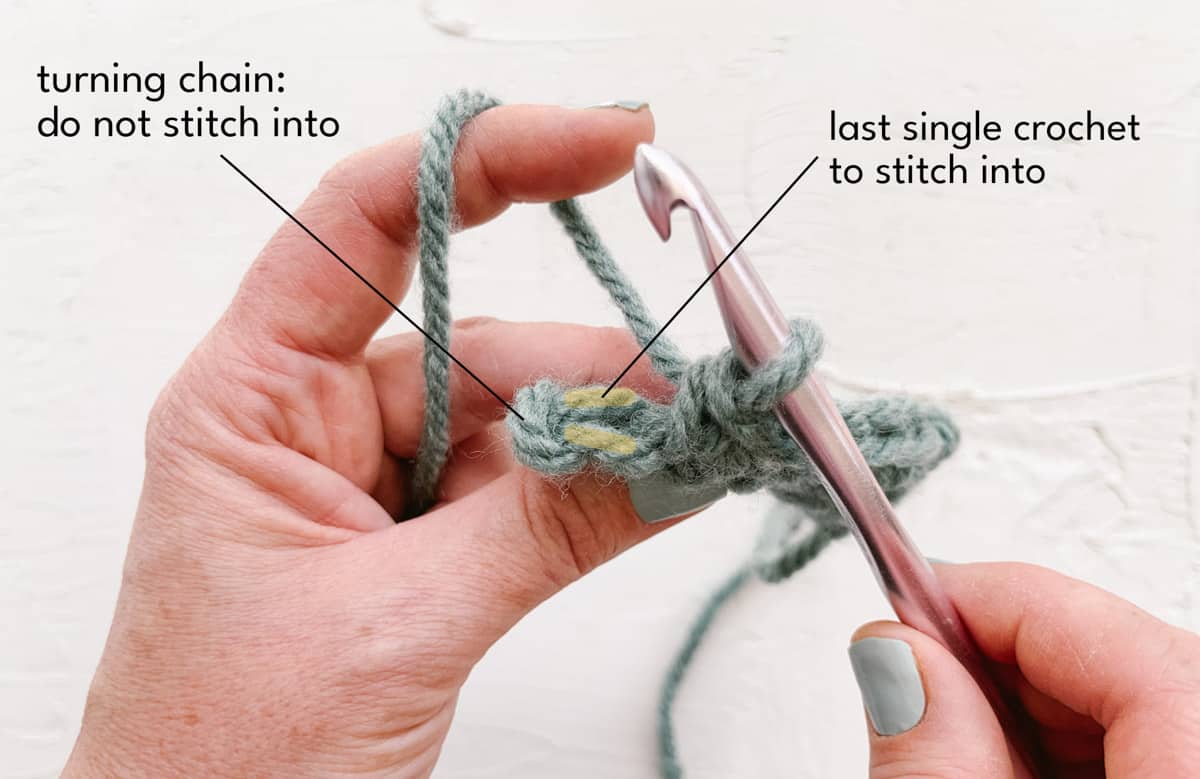 Diagram showing how to crochet into last stitch of row.