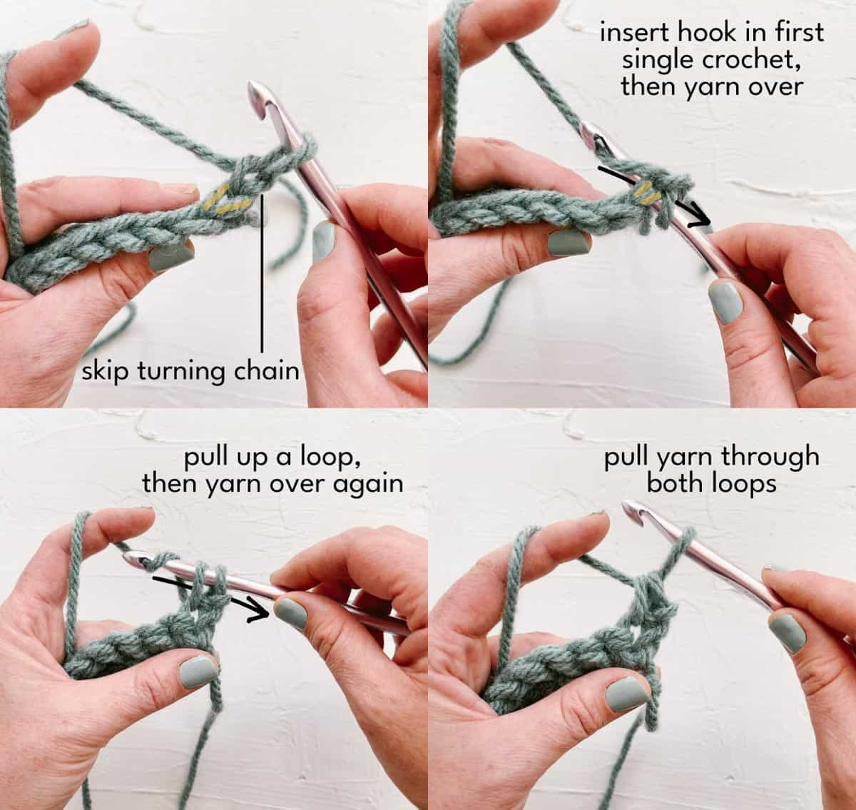 Steps of the single crochet stitch.