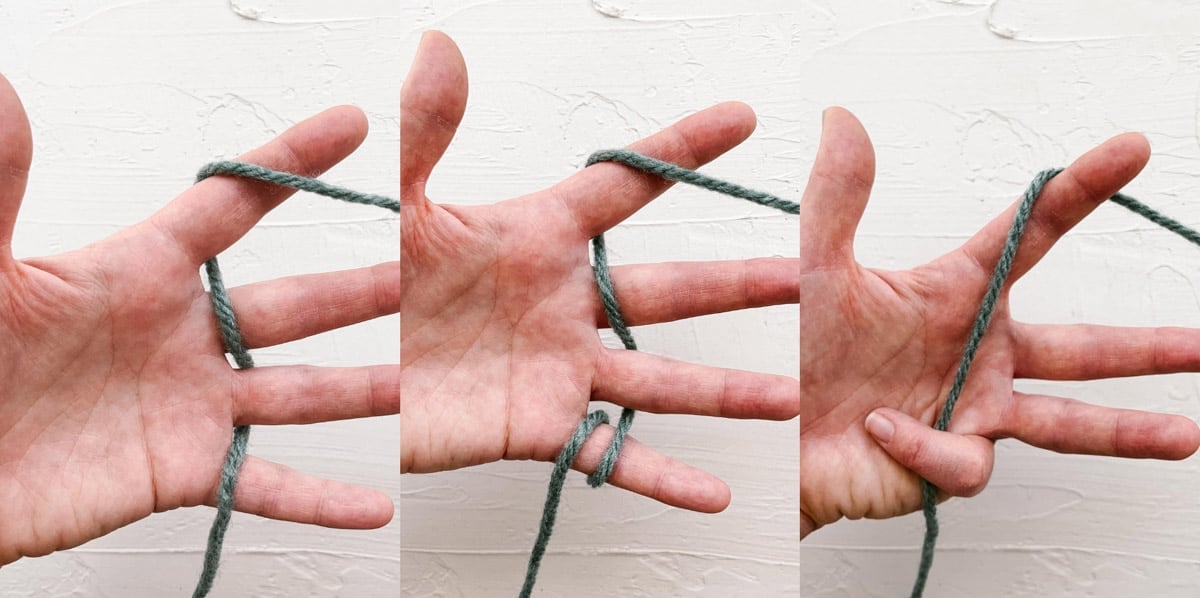 Demonstration of how to hold the yarn.