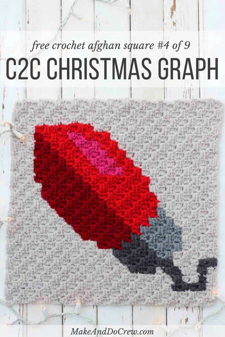 Crochet this free C2C Christmas light bulb graph to make a throw pillow or create several of these squares in different colors for a Christmas afghan. This free pattern is part of a 9 block modern Christmas afghan. Click for all the free corner to corner graphs! (Yarn is Lion Brand Vanna's Choice)