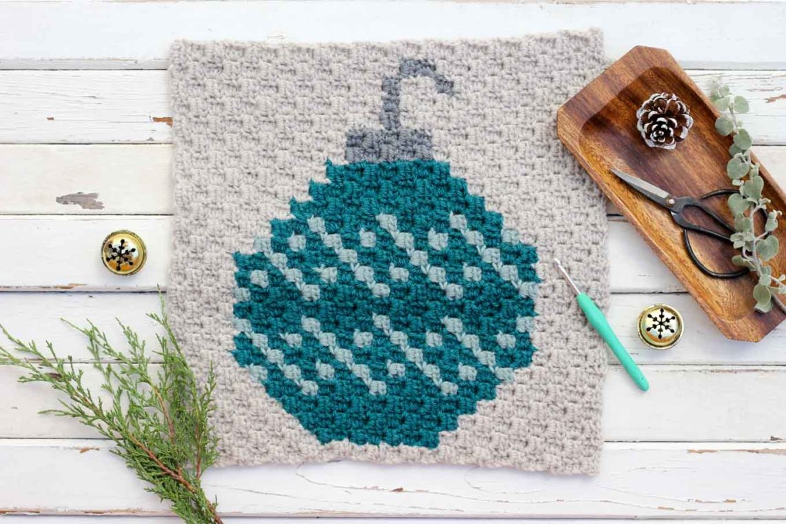 This C2C crochet Christmas pattern is the second in my free afghan series. This monochromatic bulb ornament would work great as a festive pillow front too! Click to download the other free graphs for this festive, modern afghan!