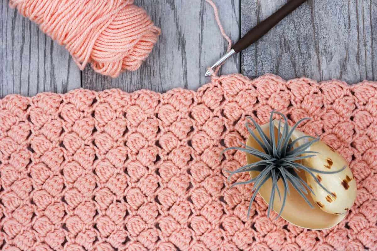 A crochet pattern using the side saddle cluster crochet stitch with a plant above it.