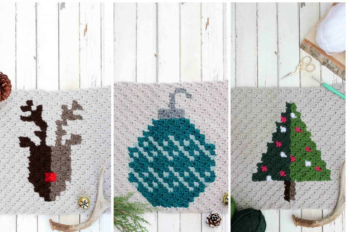 Crochet this free C2C Christmas light bulb graph to make a throw pillow or create several of these squares in different colors for a Christmas afghan. This free pattern is part of a 9 block modern Christmas afghan. Click for all the free corner to corner graphs! (Yarn is Lion Brand Vanna's Choice in Scarlett, Raspberry, Linen, Kelly Green, Peacock, Barley, White)