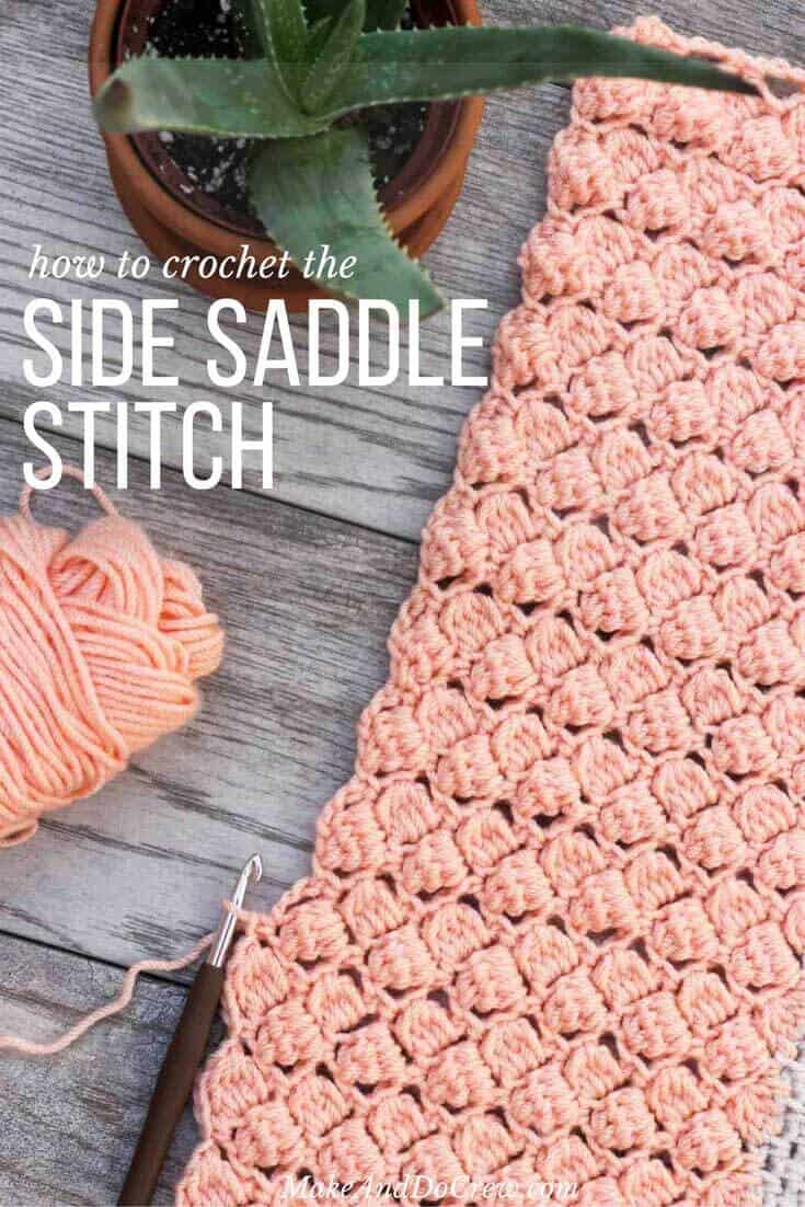 A crochet pattern made using Side Saddle stitch with a crochet hook and yarn skein.