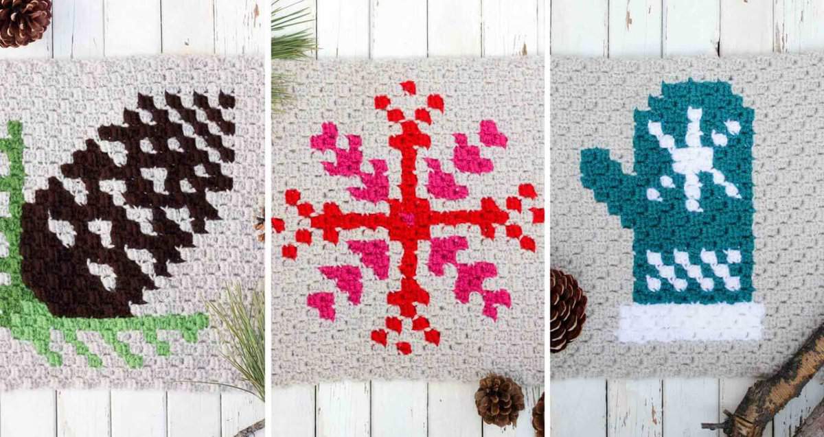 Free corner-to-corner crochet Christmas afghan. Free pattern to make your own crochet family heirloom. Made with Lion Brand Vanna's Choice in linen, coffee, scarlet, kelly green, fern, barley, peacock and raspberry. 