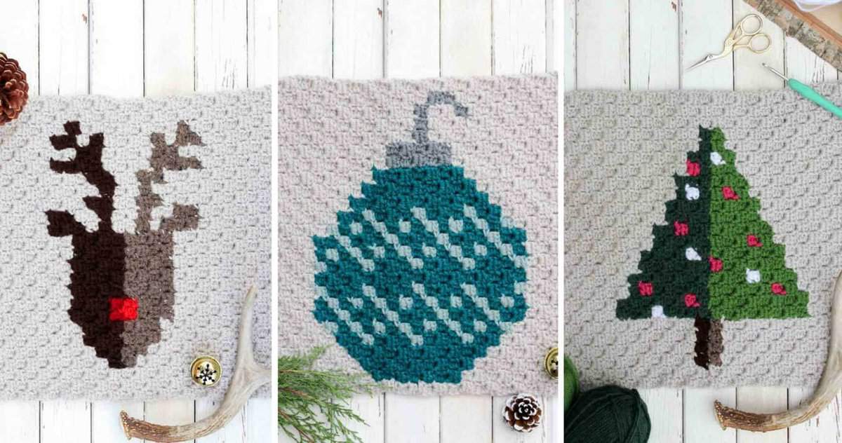 Free corner-to-corner crochet Christmas afghan. Free pattern to make your own crochet family heirloom. Made with Lion Brand Vanna's Choice in linen, coffee, scarlet, kelly green, fern, barley, peacock and raspberry. 