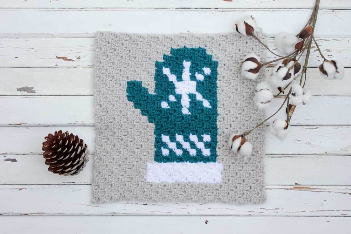 This mitten is the fifth of nine in my series of C2C Crochet afghan graph patterns. This free mitten square pattern looks charming as part of the Christmas sampler afghan or you could make an afghan entirely of different colored mitten blocks.