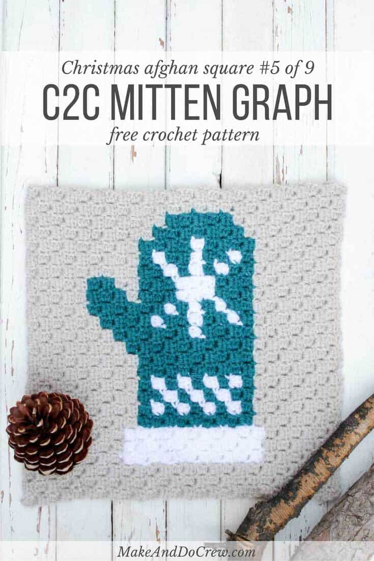 This mitten is the fifth of nine in my series of C2C Crochet afghan graph patterns. This free mitten square pattern looks charming as part of the Christmas sampler afghan or you could make an afghan entirely of different colored mitten blocks. Made using Lion Brand Vanna's choice yarn in Linen, Peacock and White. 