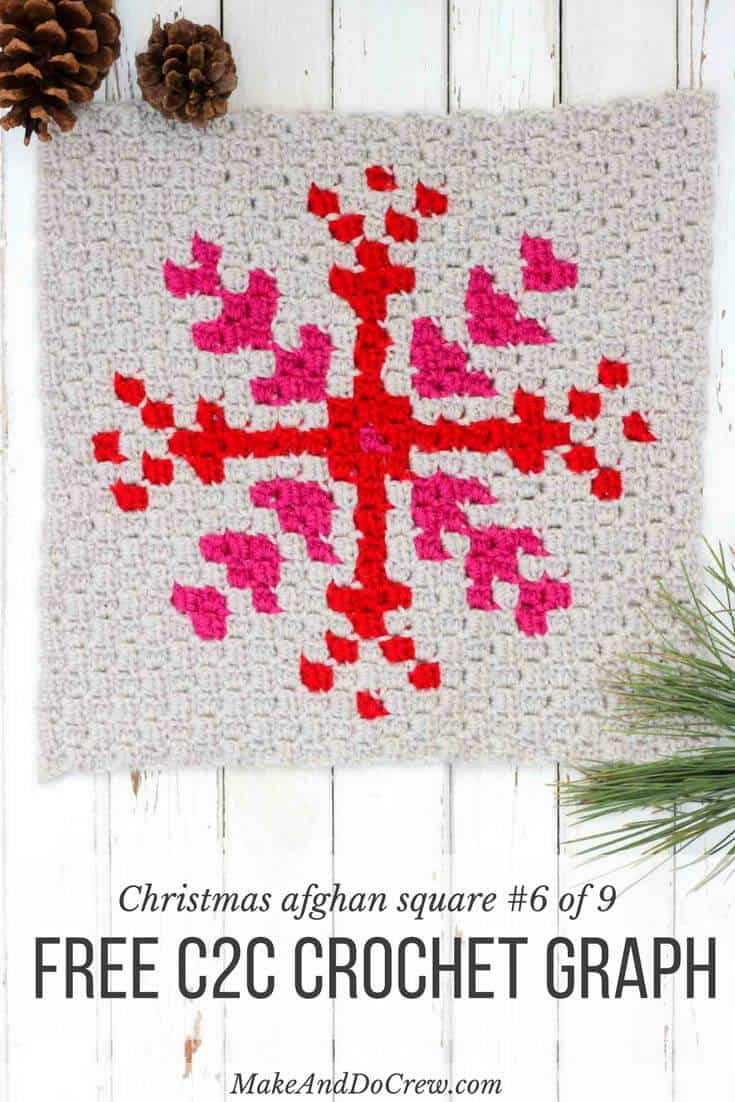 This free c2c crochet graph makes a graphic, modern, monochromatic snowflake. Crochet several for a bright, happy winter afghan or check out the rest of the Christmas corner-to-corner patterns to make a sampler afghan. Yarn used is Lion Brand Vanna's Choice in Linen, Scarlet and Raspberry. 