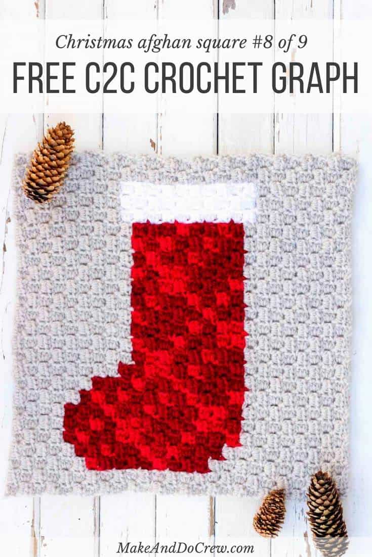 This is square #8 of 9 in my c2c Christmas afghan series. Make this modern Christmas stocking block as a merry throw pillow for the holiday season, or add it to your own winter graphgan. Click to download the free, printable crochet pattern. Made with Lion Brand yarn in Scarlet, Cranberry and Linen.
