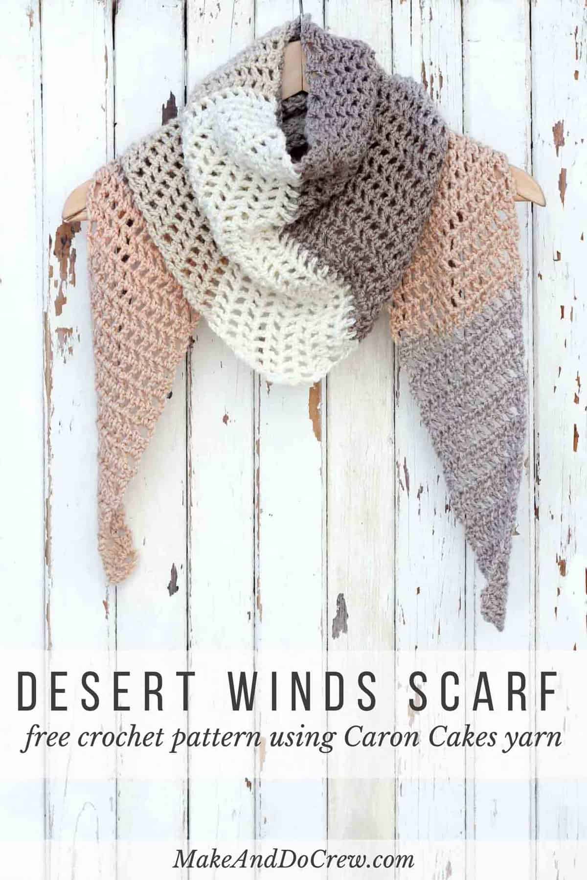 Toss on this modern crochet triangle scarf to head out to the desert, the mountains...or just the grocery store. This free Caron Cakes crochet pattern takes all the stress out of choosing colors because the skein does it for you! Click for the printable, downloadable pattern. Color = Buttercream. 