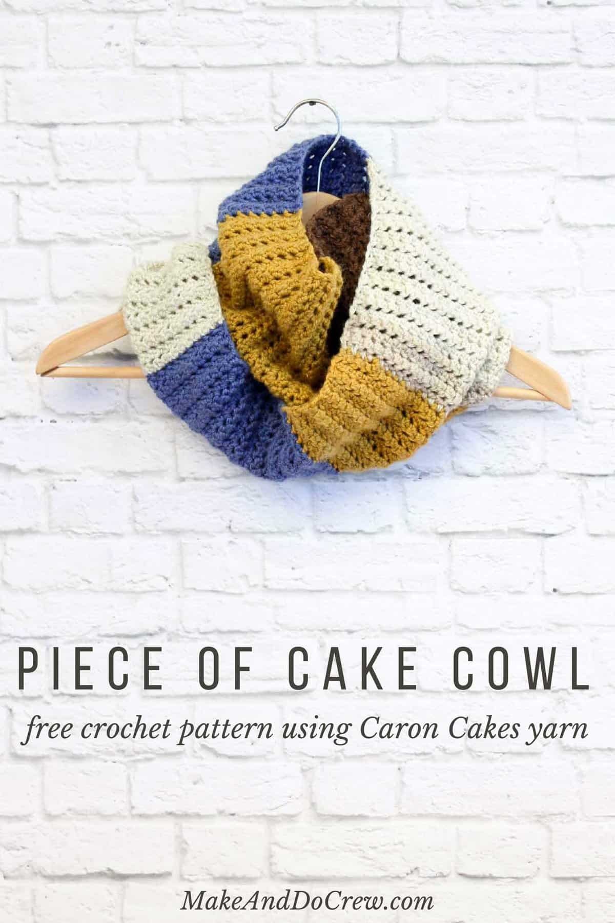 This easy, modern cowl is going to become your go-to accessory for fall and winter! Plus, this Caron Cakes Yarn free crochet pattern is simple to make even if you're not an experienced pattern-reader. Simple one-skein crochet project! Caron Cakes color "Blue Icing."